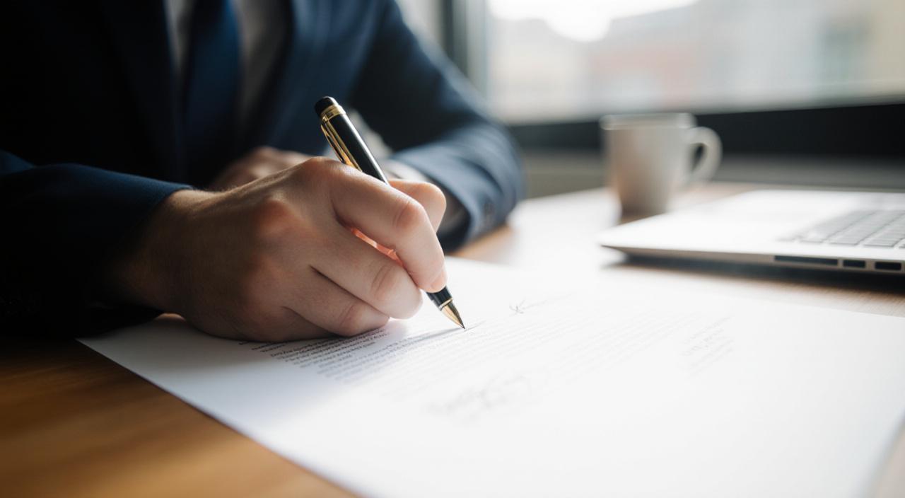 Empresarios revisando un contrato legal detallado en una oficina moderna